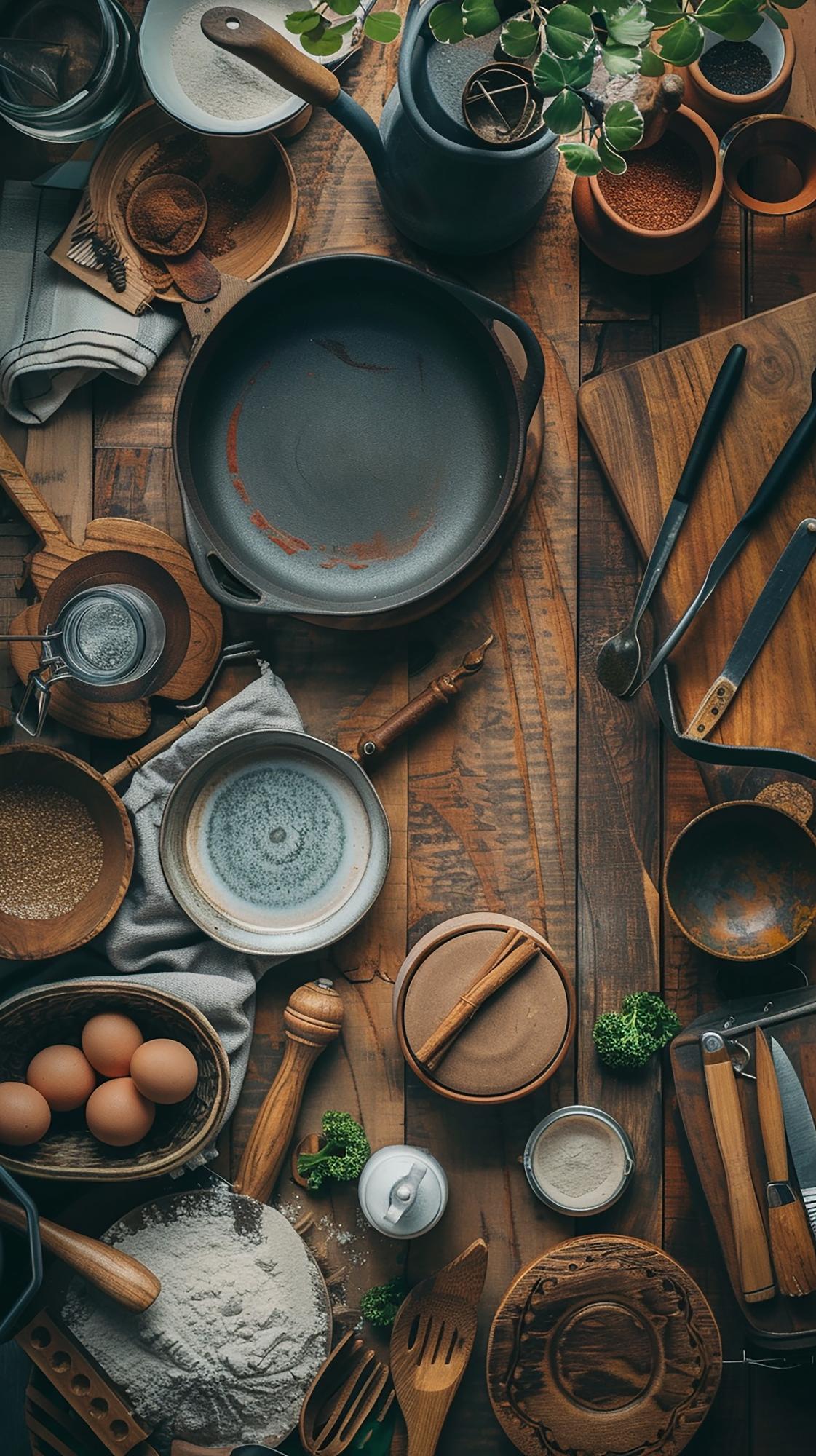 Workshop kitchen interior with tools and ingredients